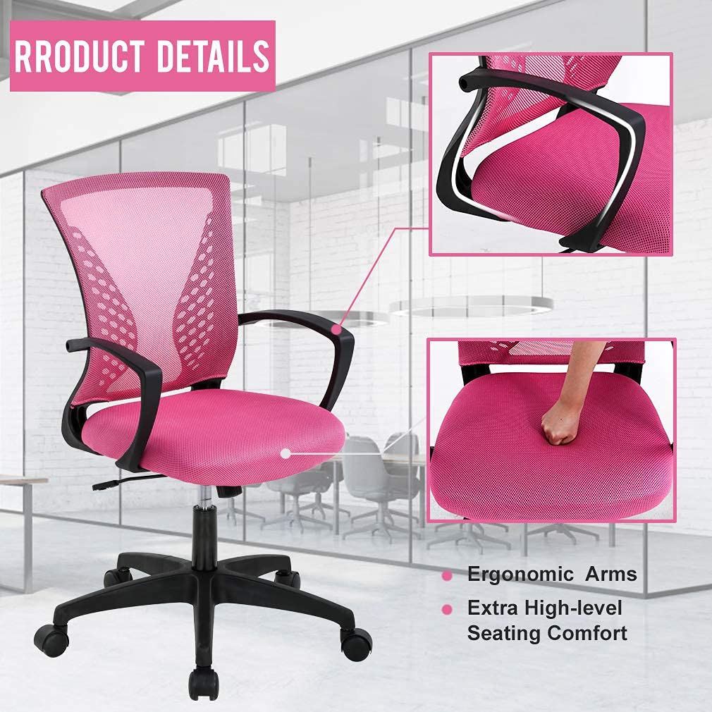 with Wheels and Arms Computer Chair Ergonomic Home Office Chairs Comfortable Swivel Chair Mesh Executive Rolling Chair with Back Support for Adults, Pink