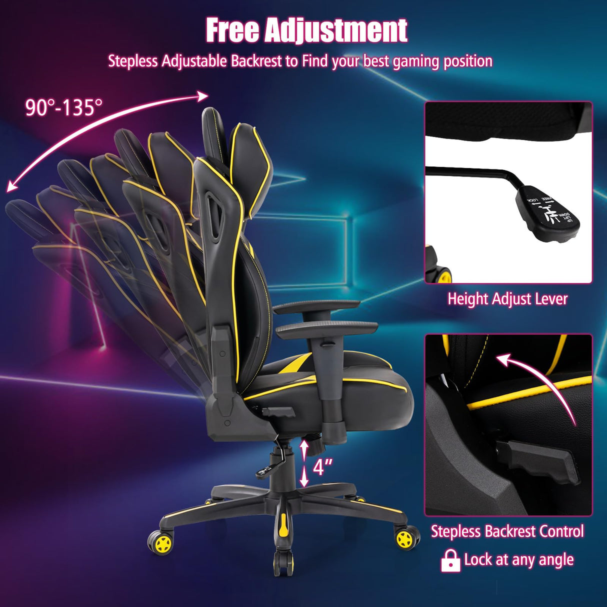 360° Swivel Gaming Chair with 2D Armrest & Rocking Function