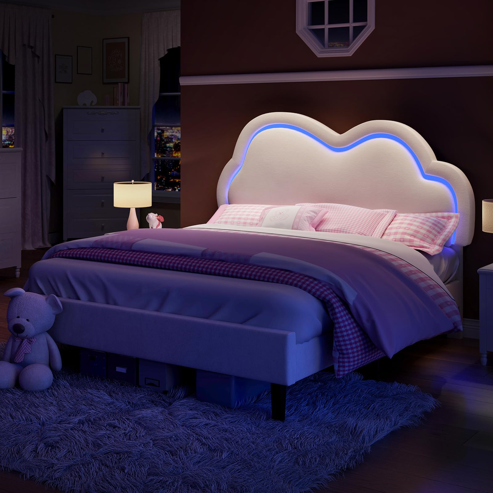 LED Bed Frame Full Size Velvet Upholstered Platform Bed with Adjustable Cloud Headboard,