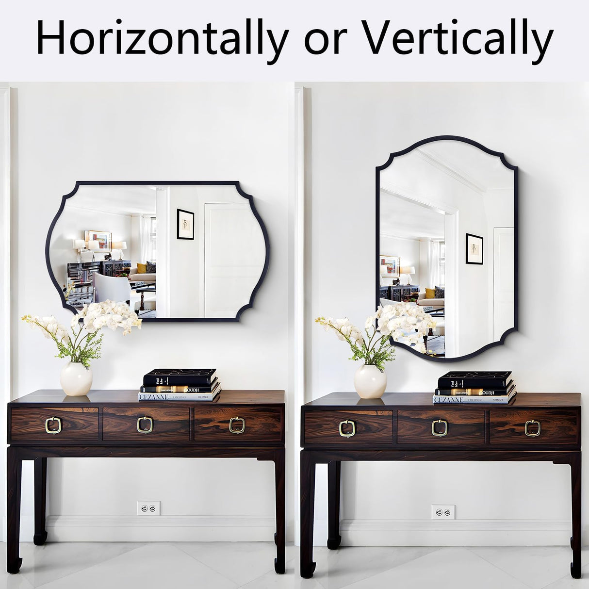 32x20 Black Arched Bathroom Mirror with Scalloped Frame
