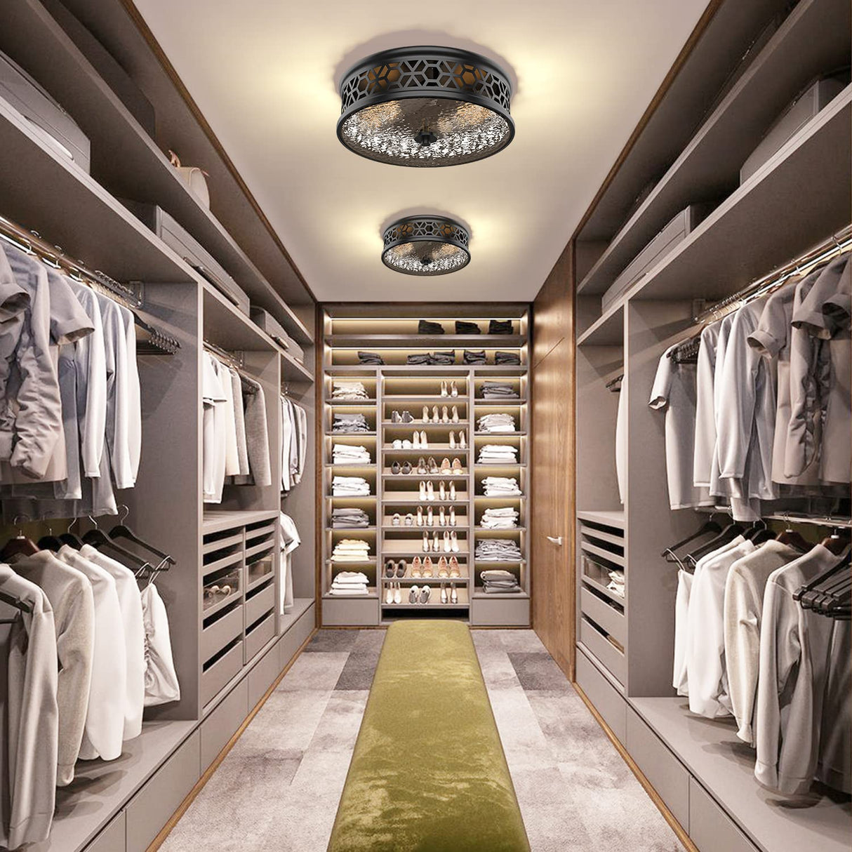 12 Inch Flush Mount Ceiling Light with Rippled Glass - 2 Light Vintage Black Fixture