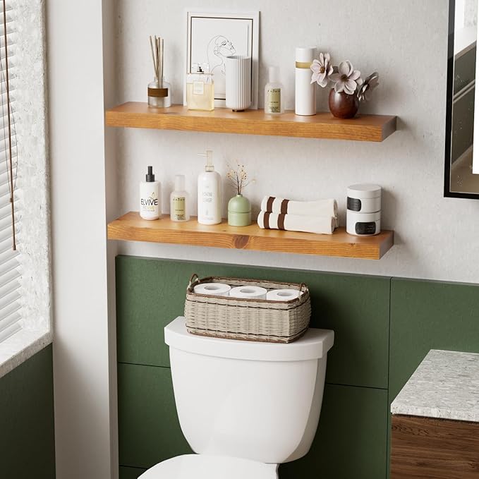 Floating Shelves Set of 2, Natural Pine Wood Shelf for Bathroom Bedroom Kitchen