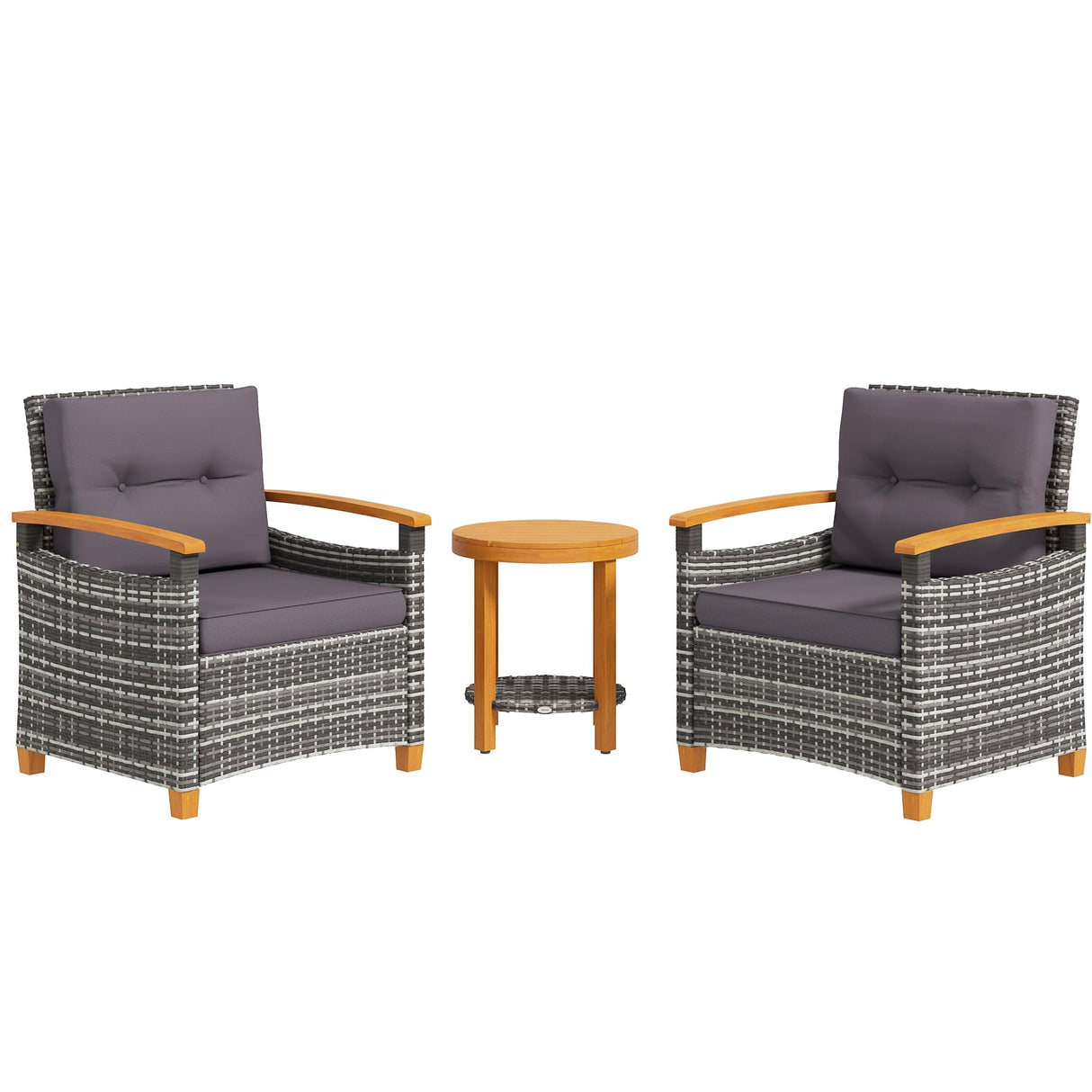 3 Pieces Wicker Outdoor Bistro Set, Rattan Patio Furniture Set with Acacia Wood Coffee