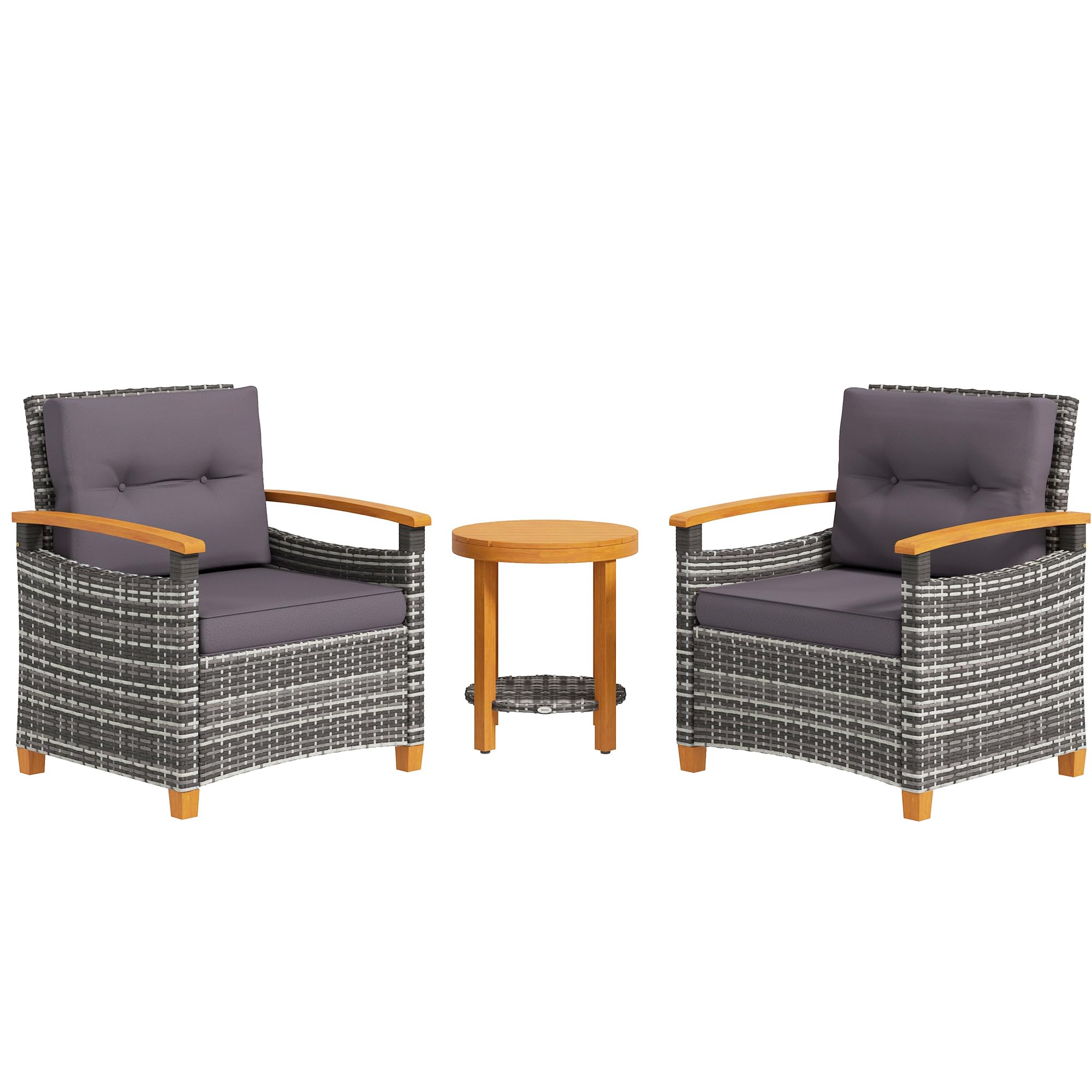 3 Pieces Wicker Outdoor Bistro Set, Rattan Patio Furniture Set with Acacia Wood Coffee