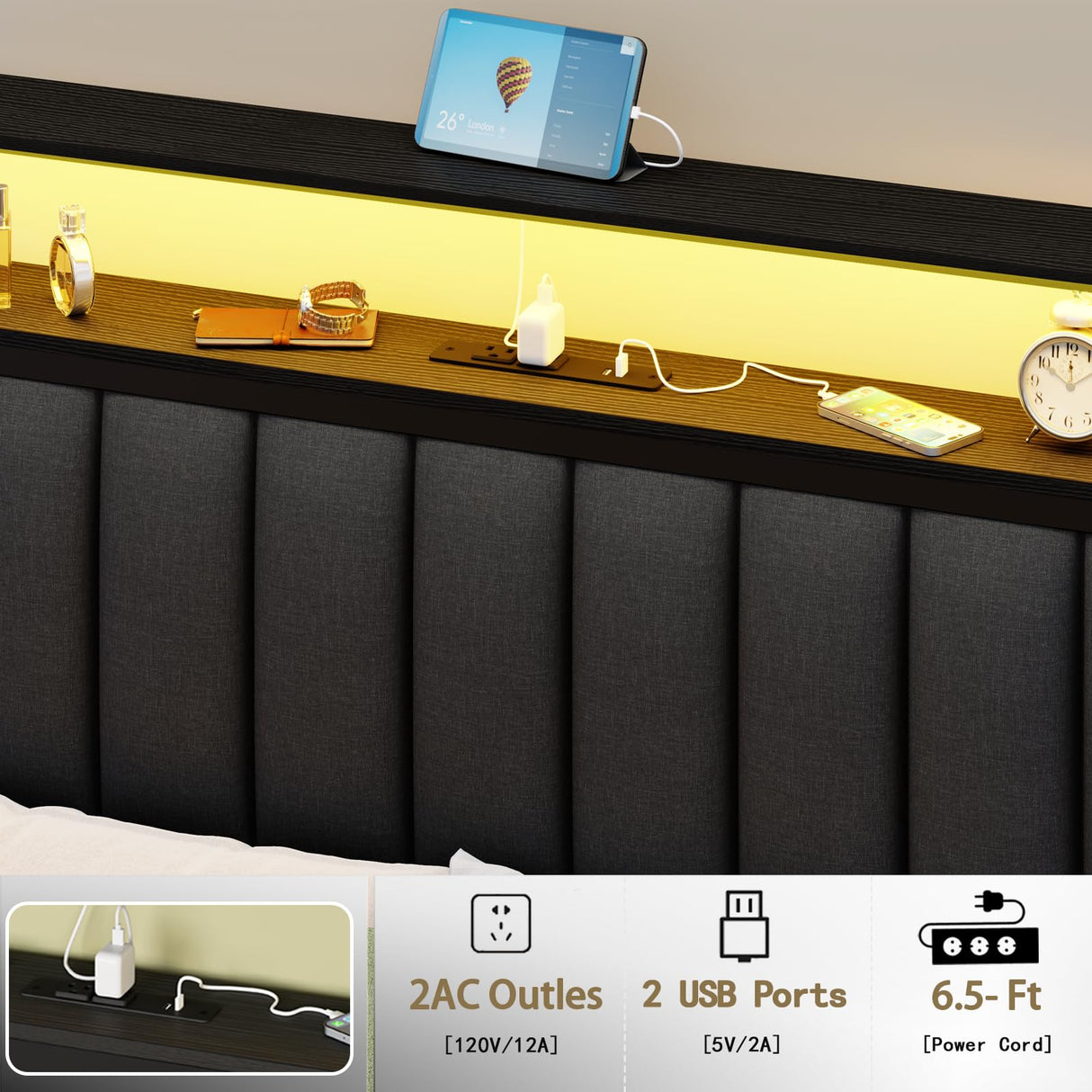Full Size Bed Frame with Charging Station and LED Lights
