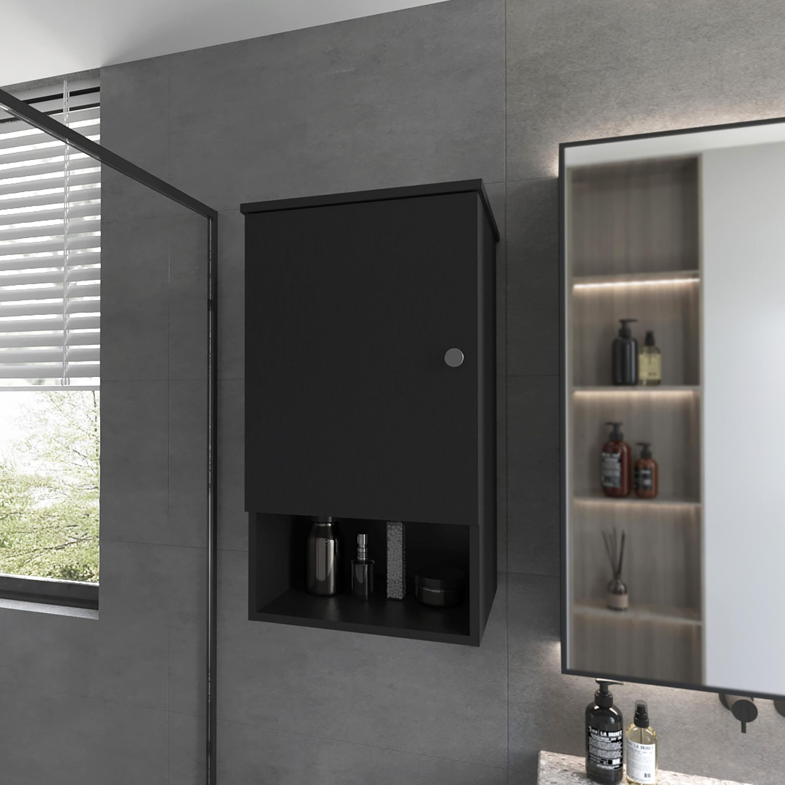 Recessed Medicine Cabinet with One Door, Two Internal Shelves, Black Melamine Finish