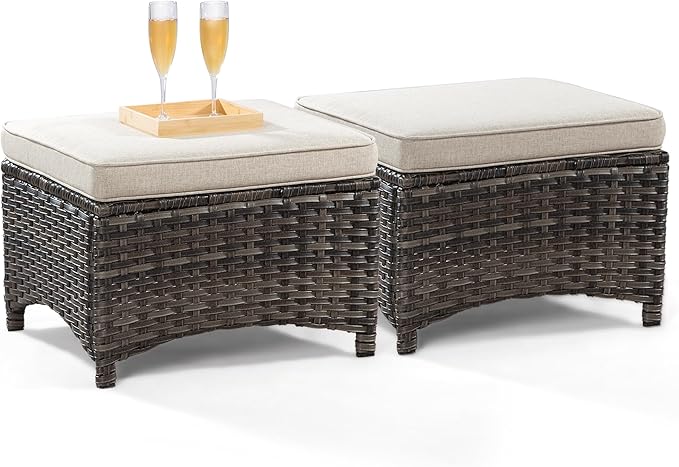 Outdoor Ottomans for Patio Set of 2 PE Wicker Steel Frame Outdoor Footstool