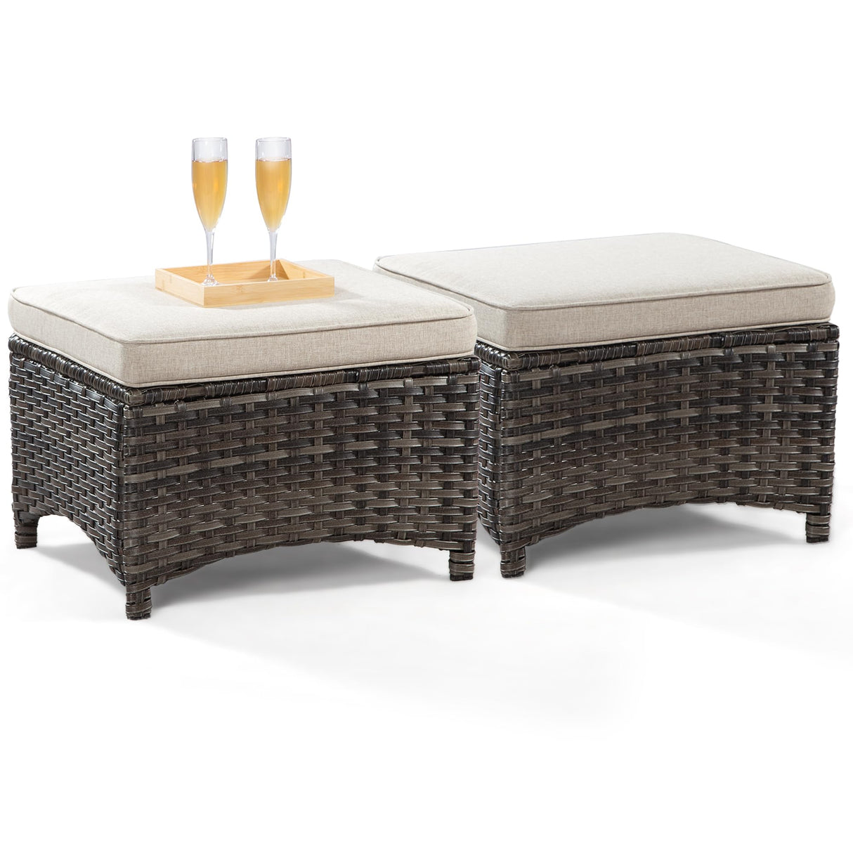 Outdoor Ottomans for Patio Set of 2 PE Wicker Steel Frame Outdoor Footstool