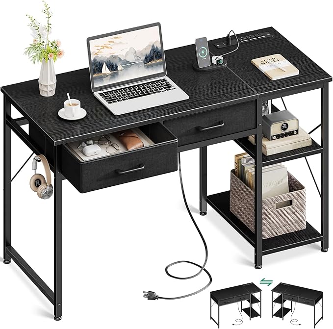 Laptop Desk, 40 Inch Small Desk with Drawers & Power Outlet for Bedroom