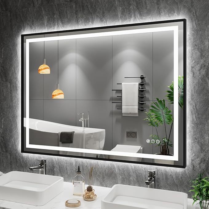 LED Bathroom Mirror with Black Frame, Front Light and Backlit