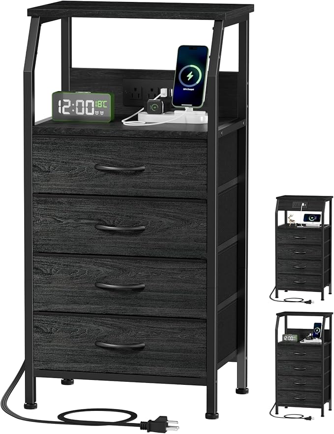 Night Stand with Charging Station, Small Bedside Table with Wood Shelf, End Table