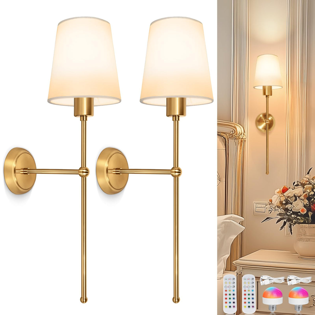 Battery Operated Wall Sconces Set of Two, Rechargeable Wireless Wall Sconces