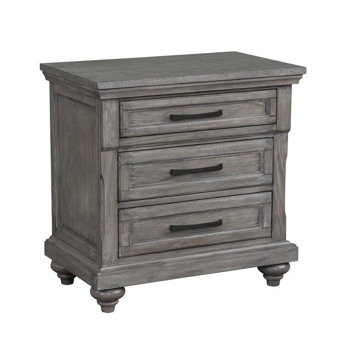Demi 29 Inch Wood Nighstand with 3 Drawers, Metal Bar Handles, Oak Gray
