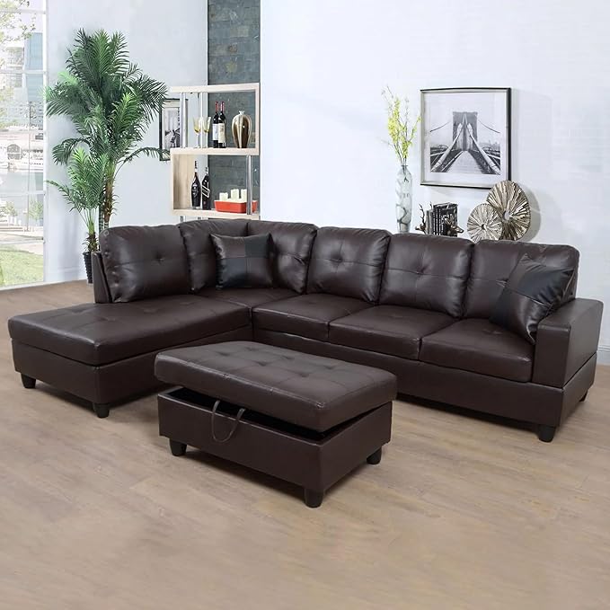 Sectional Set L Shape Couch, Faux Leather 5-seat Sofa