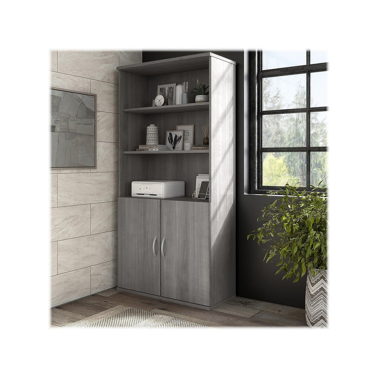 Bush Business Furniture HYB024PG Hybrid 5-Shelf 73-Inch H Bookcase with Doors, Platinum Gray