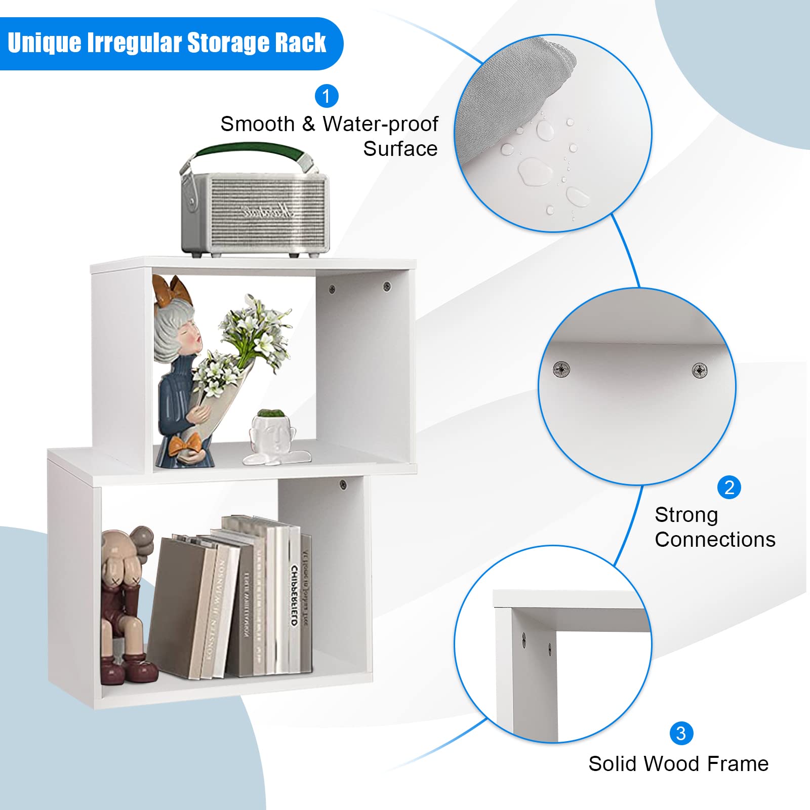 3-Tier Geometric Bookshelf White, 28’’ Tall Wood S-Shaped Display Shelves