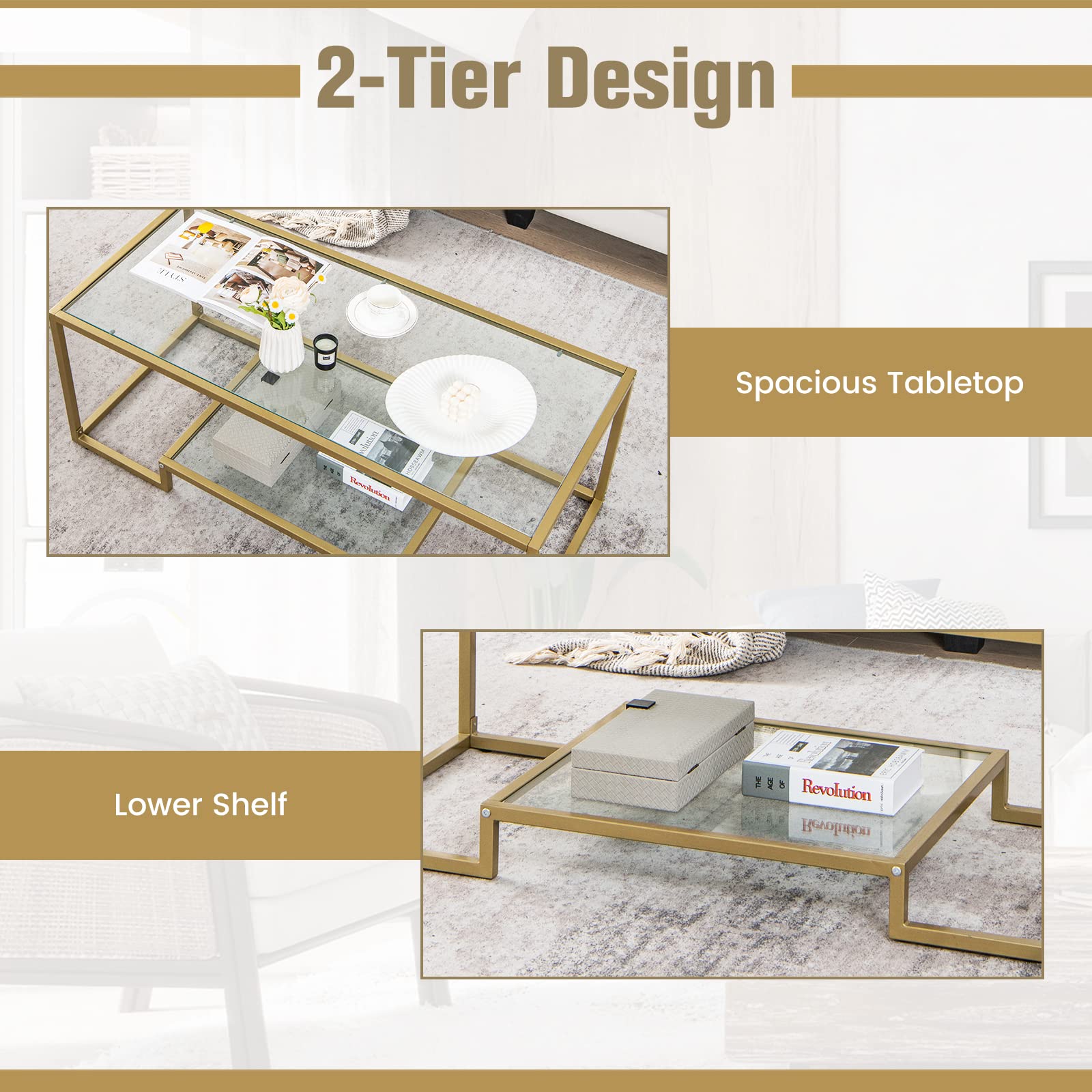 Rectangular Glass Coffee Table, 45" Wide Modern Tempered Glass Center Table