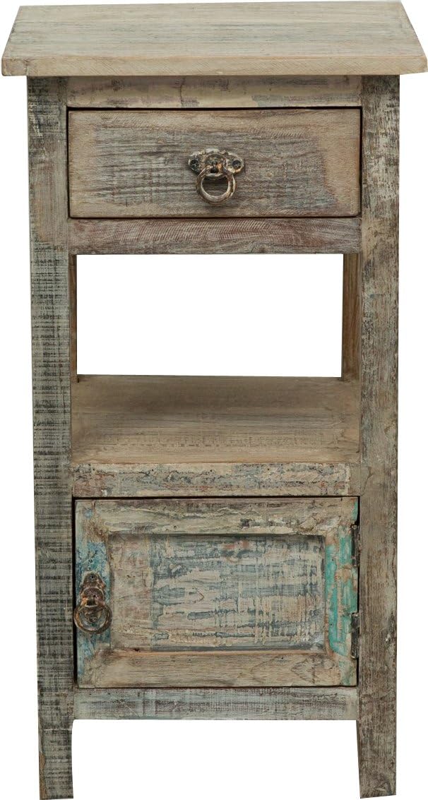 Recycled Solid Wood Made, Antiqued Finish W40xDP25xH50 cm Sized Bedside Table