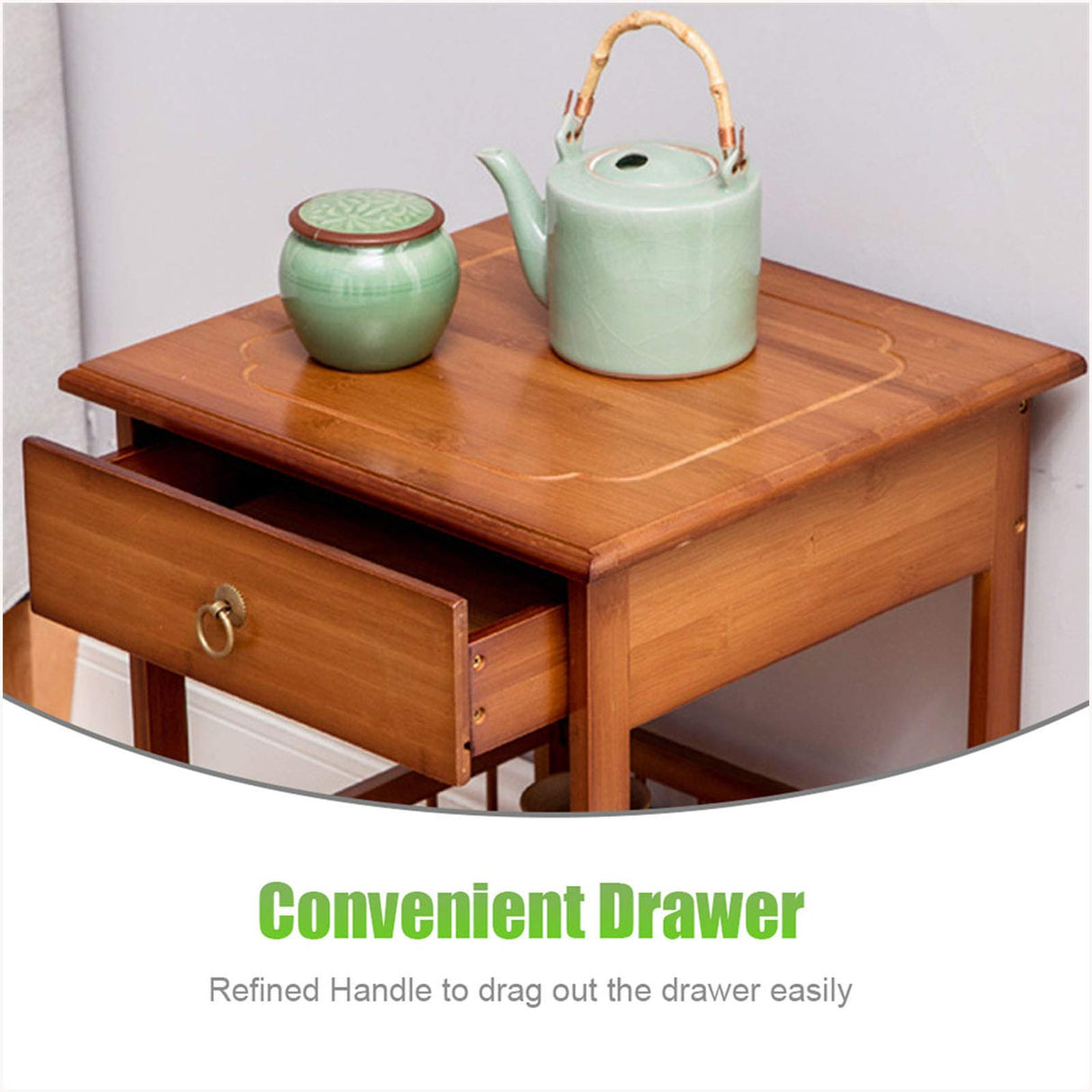 Bamboo End Side Table Nightstand with Drawer for Bedroom