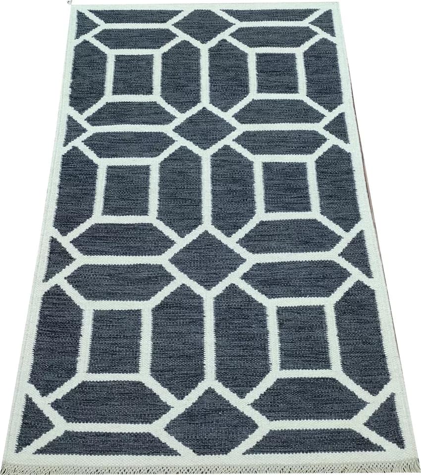 Black Geometric Wool Area Rug – 5 x 3 Feet Modern Handwoven Reversible Dhurrie