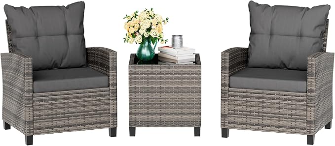 3 Piece Patio Furniture Set Small Outdoor Wicker Rattan Front Porch Bistro Set Cushioned