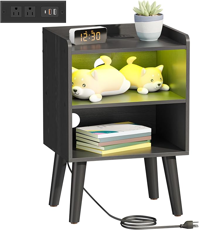 Night Stand with LED Lights, Bedside Table with Outlets and USB C Port