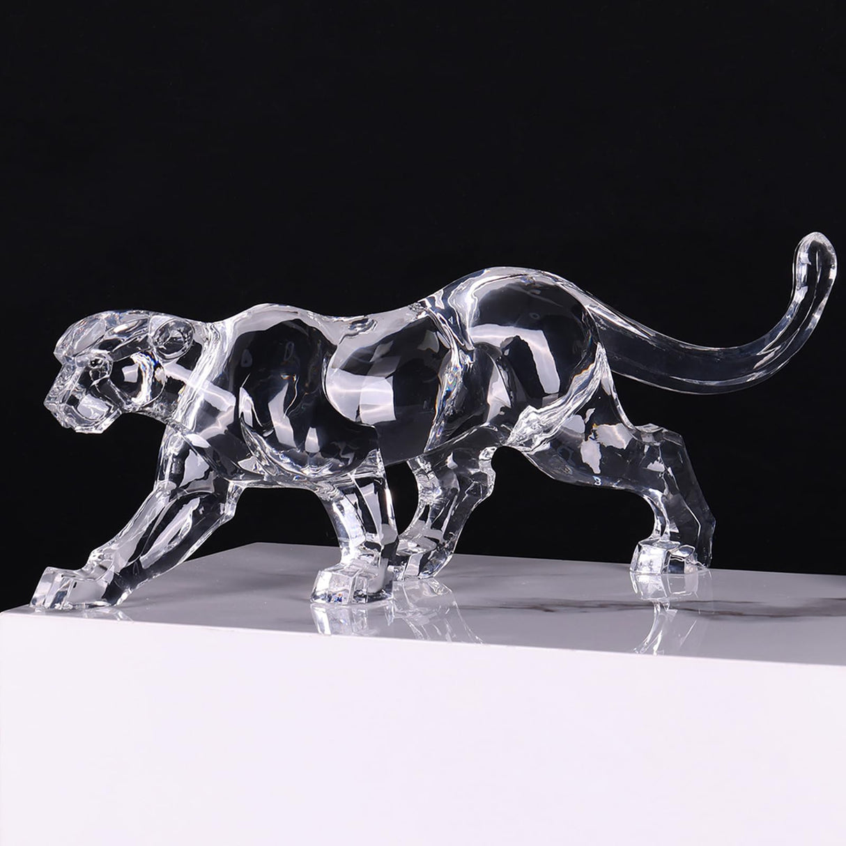 16" L Acrylic Cheetah Statue Crystal Glass Finish, Large Luxury Sculpture and