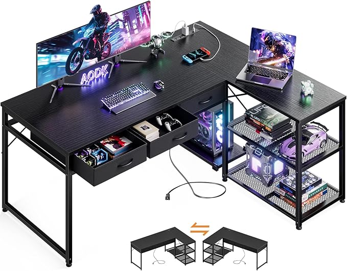 Inch L Shaped Computer Desk with Drawers, Corner Desk with Power Outlets & Reversible Storage Shelves, Movable CPU Stand for Home Office Gaming, Oak Grey