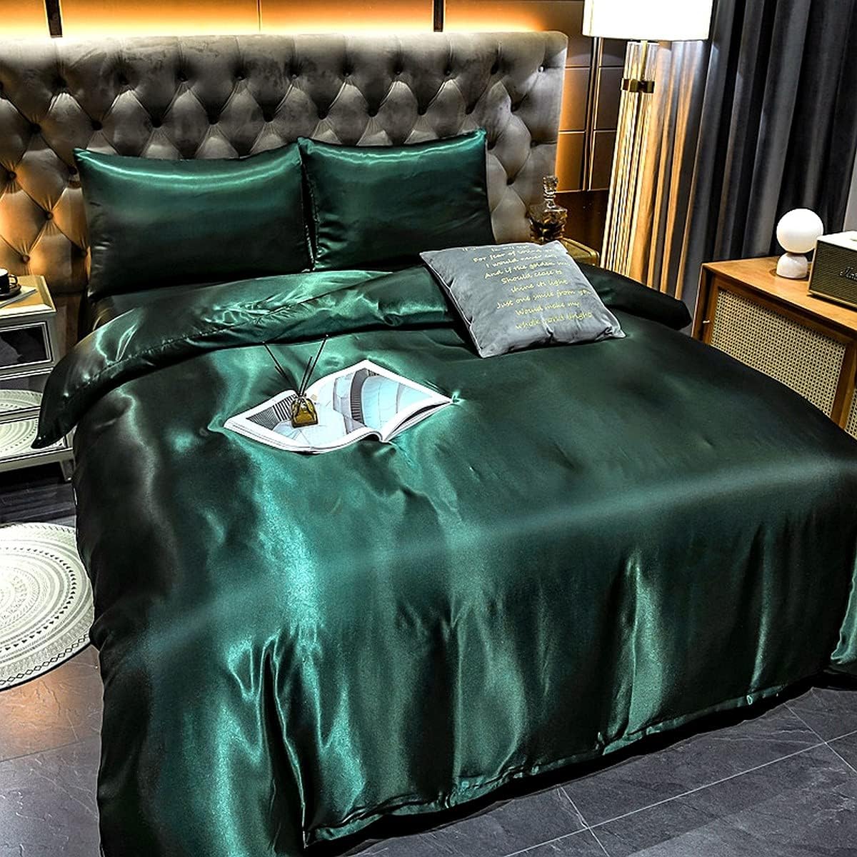 Hotel Green Duvet Cover Set Queen Silk Like Satin Bedding Set Summer Reversible
