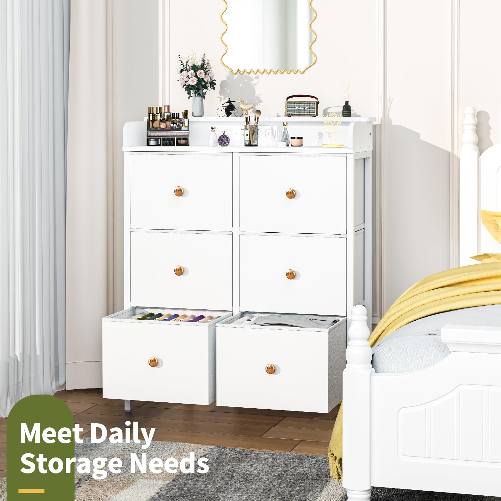 Dresser for Bedroom with Charging Station, 6-Drawer Chest Furniture with LED Lights