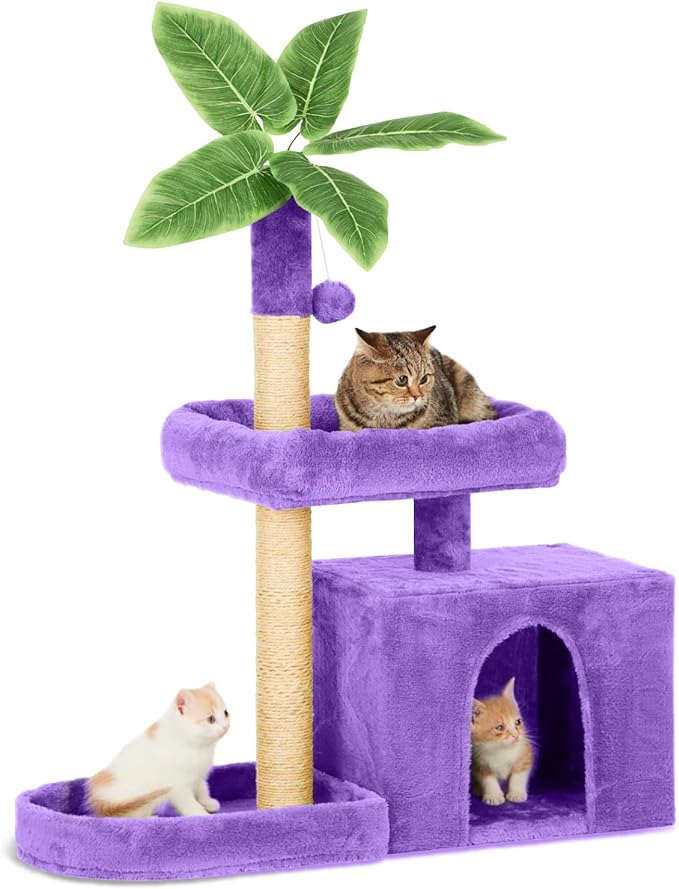 31.5" Cat Tree/Tower for Indoor Cats with Green Leaves, Cat Condo Cozy Plush Cat House