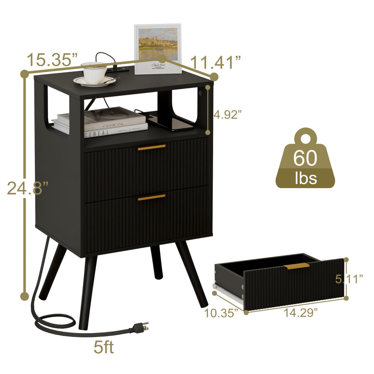 Black Nightstand with Charging Station