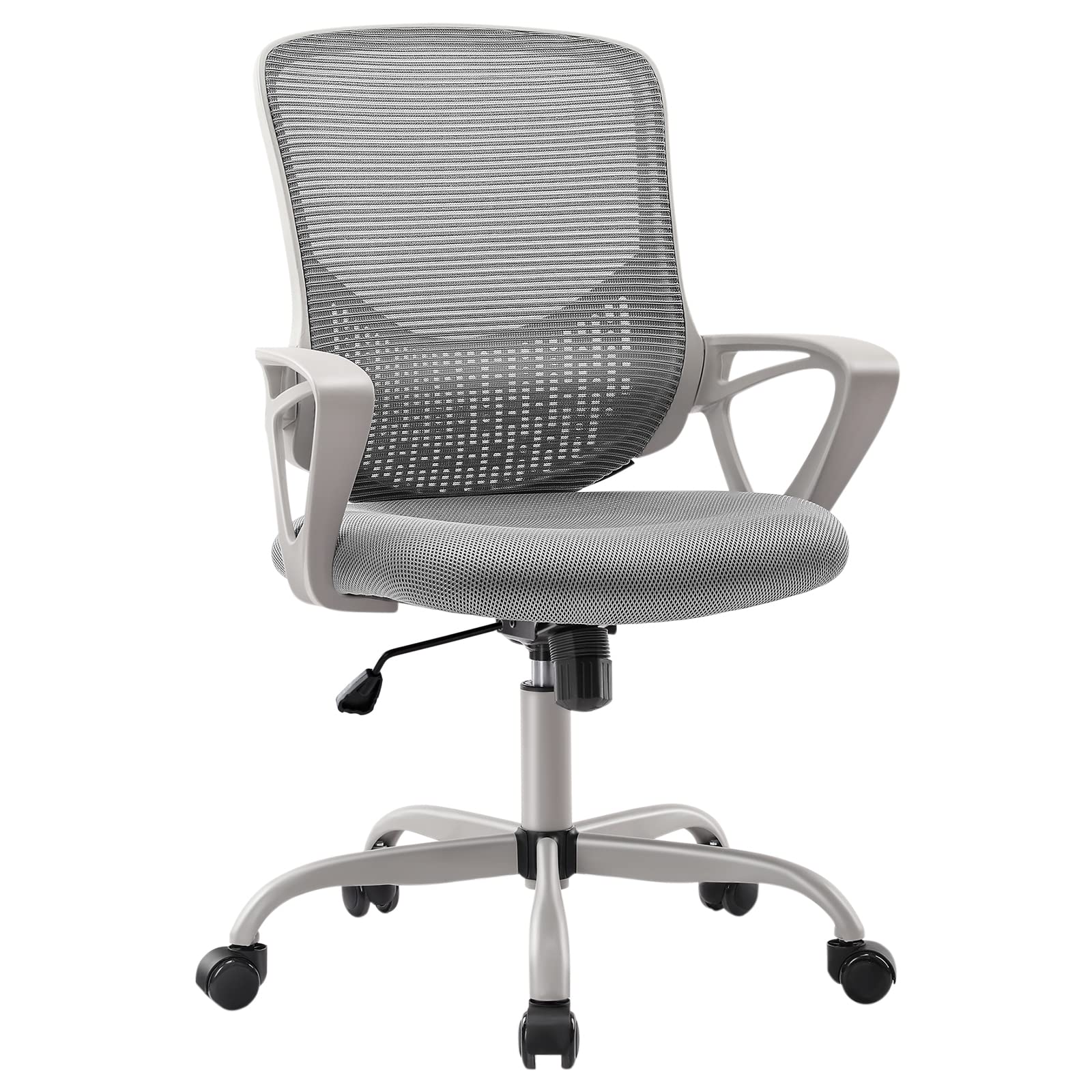 Office Chair - Home Desk Mesh Chair with Fixed Armrest, Executive Computer Chair with Soft Foam Seat Cushion and Lumbar Support, Grey