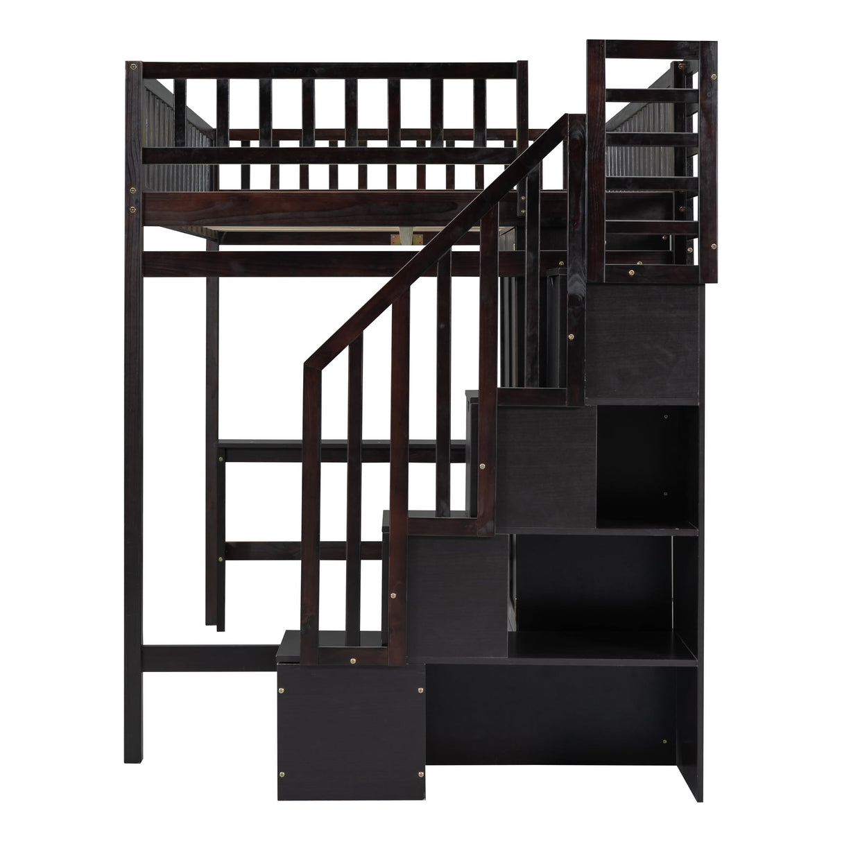 Loft Beds Stairway Loft Bed Frame with Wardrobe, Desk, Bookcase and Drawers, Espresso