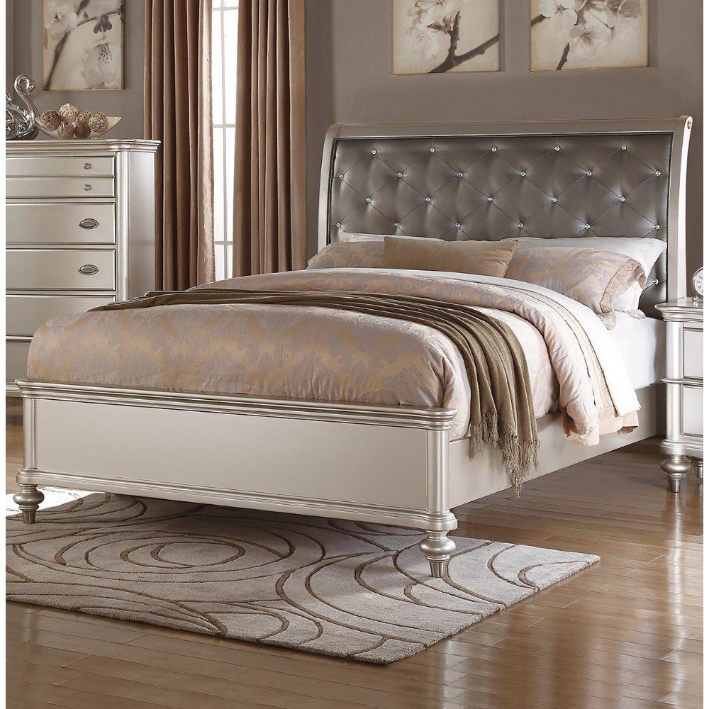 Benjara Opulent Wooden Bed With Pu Tufted Hb, Silver/Gray