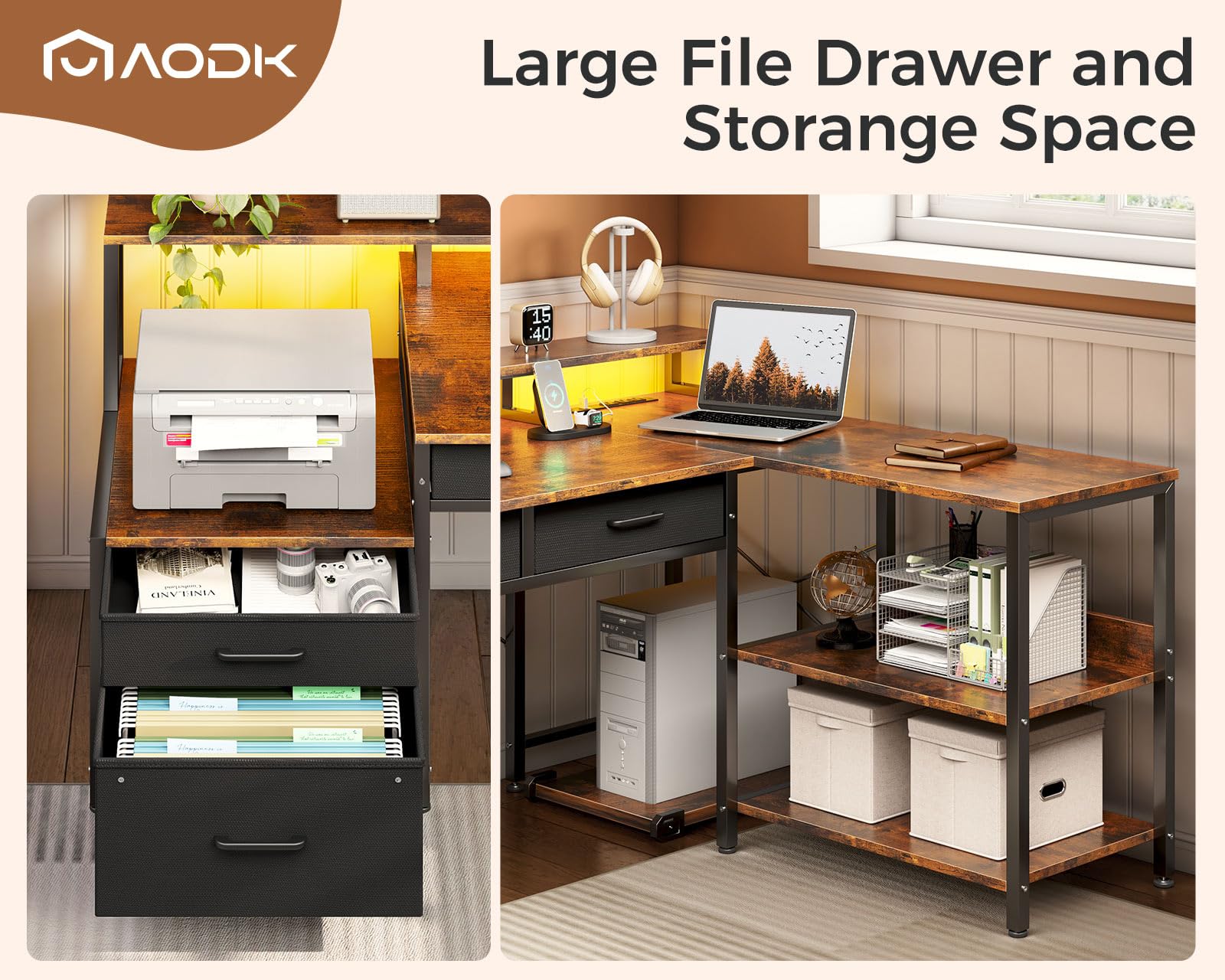 AODK L Shaped Desk with 5 File Drawers, 75" Reversible L Shaped Computer Desk with Power Outlet & LED Strip, Office Desk with Storage Shelves, Gaming Desk with Monitor Shelf, Corner Desk, Vintage