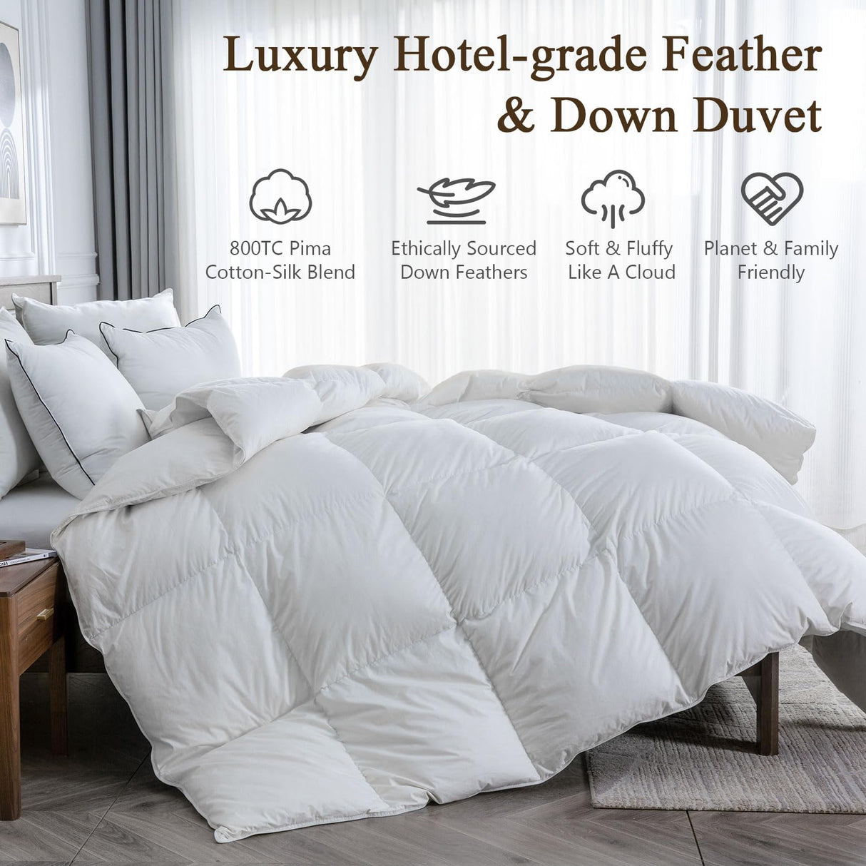 BPC Lightweight Down Comforter Queen Size, Feather and Down Fiber Duvet Insert, Hotel Feather & Down Comforter, with Ultra-Soft Pima Cotton Blend Cover, for Hot Sleepers/Warm Weather, 90x90 inches