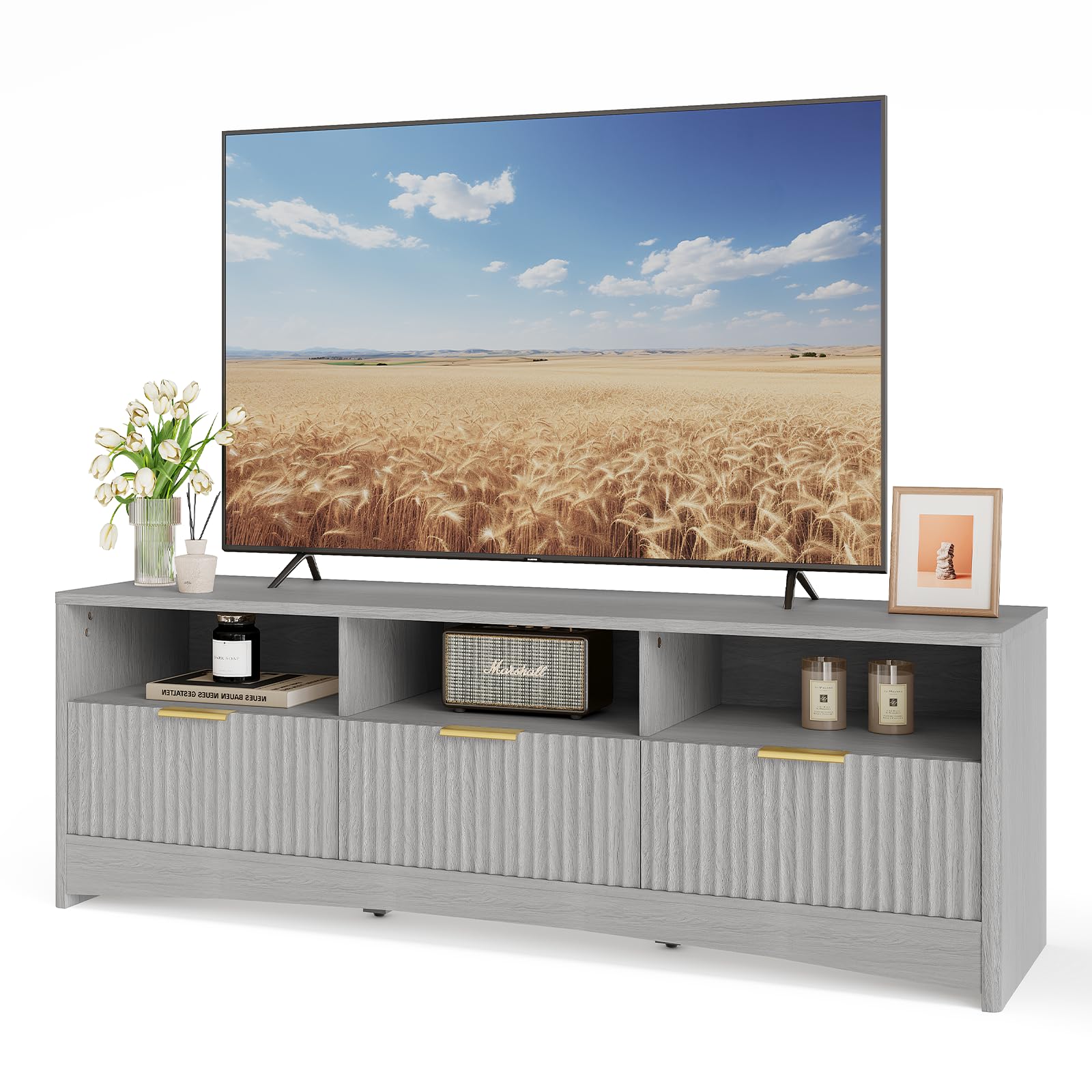 TV Stand for 50-65" TV, Fluted Modern TV Stand Entertainment Center