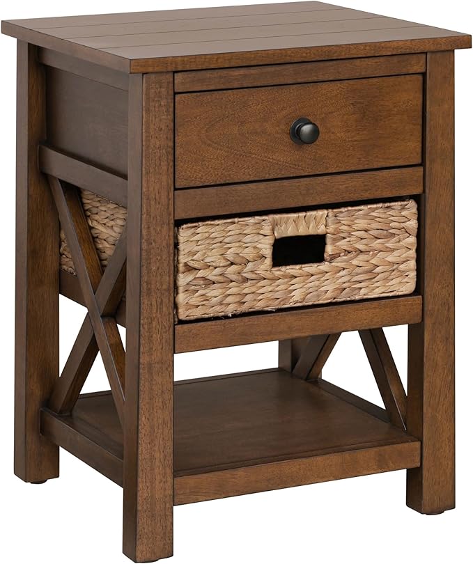 X-Side Nightstand End Table Side Table with Drawer, 2 Storage Shelves and Wicker Basket