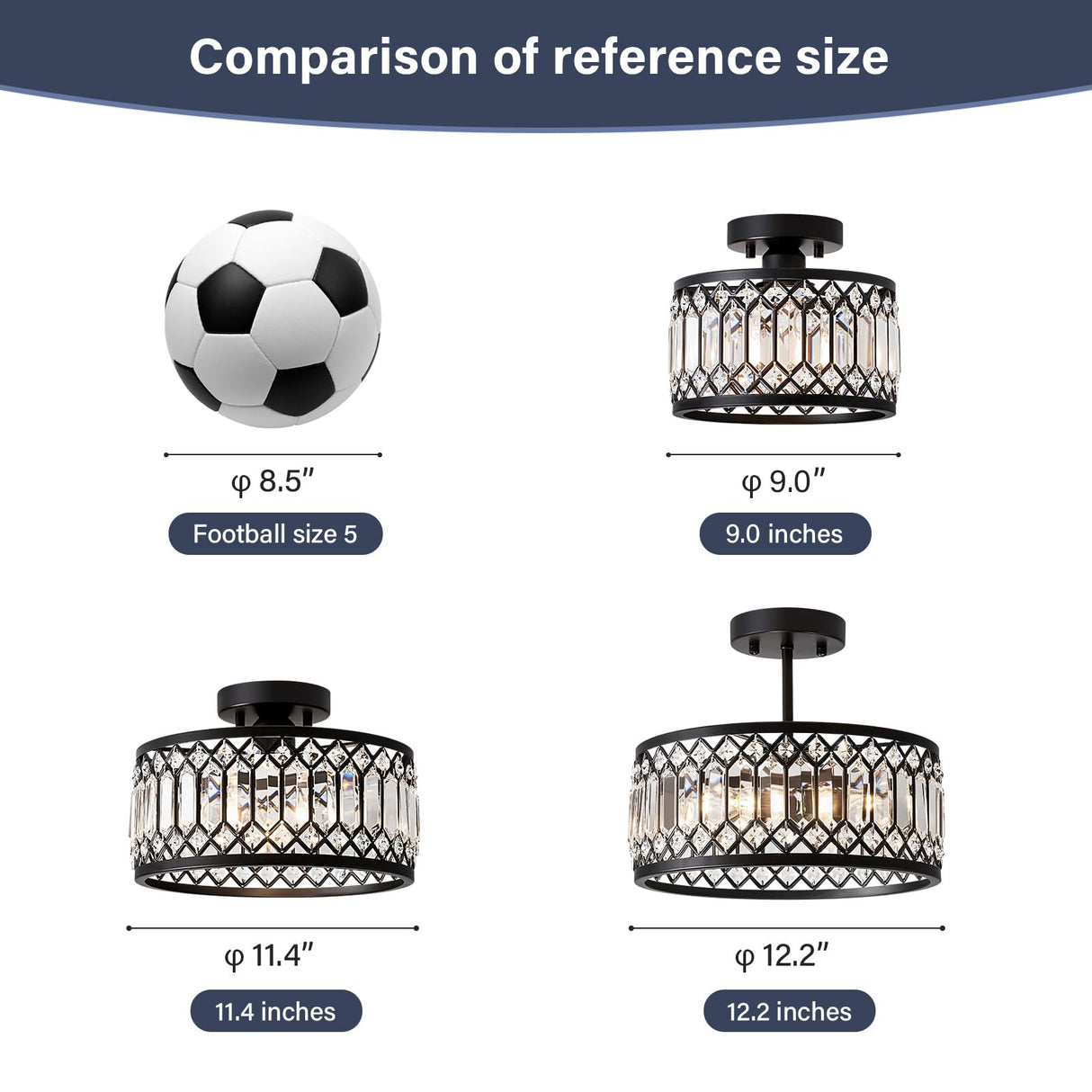 Pevfah Crystal Black Ceiling Light, Modern Semi Flush Mount Ceiling Lighting Fixture, Round Hallway Lighting Fixtures Chandelier for Kitchen Entryway Bedroom Dining Room, 3-Light, 12.2 Inch