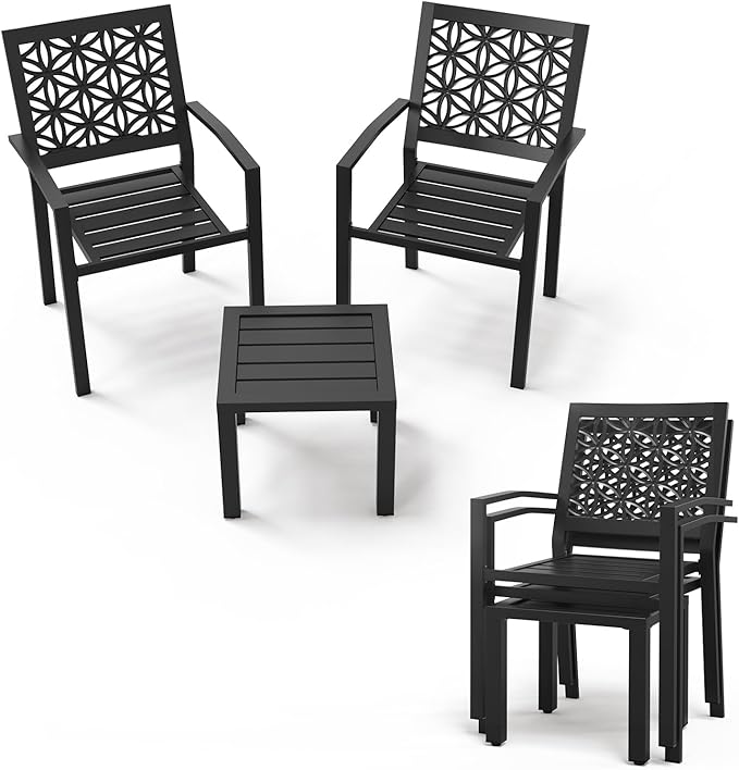 3-Piece Outdoor Bistro Set, Stackable Modern Metal Steel Table and Chairs