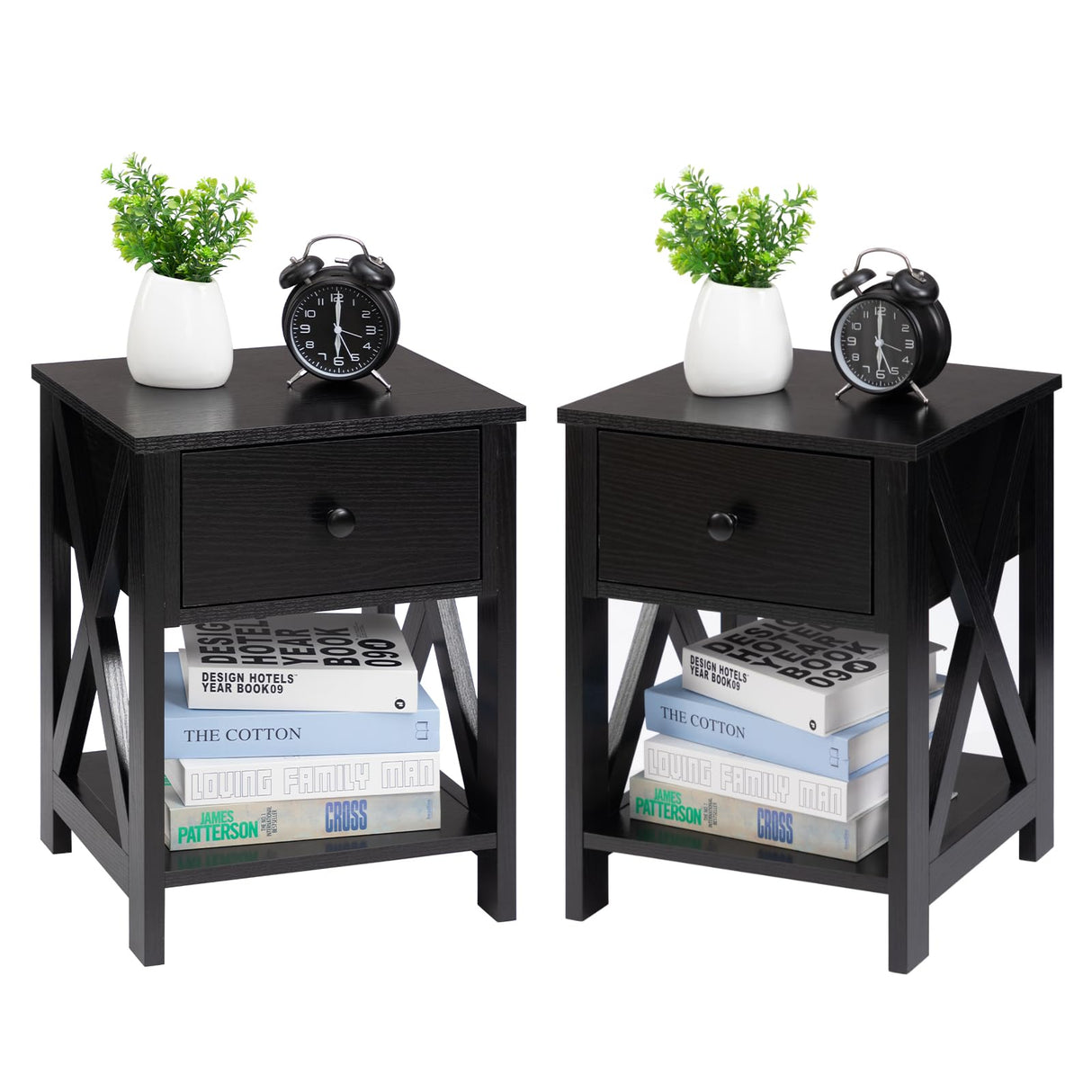 Black Nightstand Set of 2,Bedroom Nightstand with Drawer,Small Nightstand Set of 2,Mid