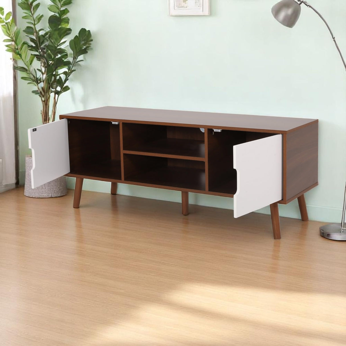 Mid-Century Modern TV Stand, Wood TV Console with 3 Drawers and Pine Splayed Legs