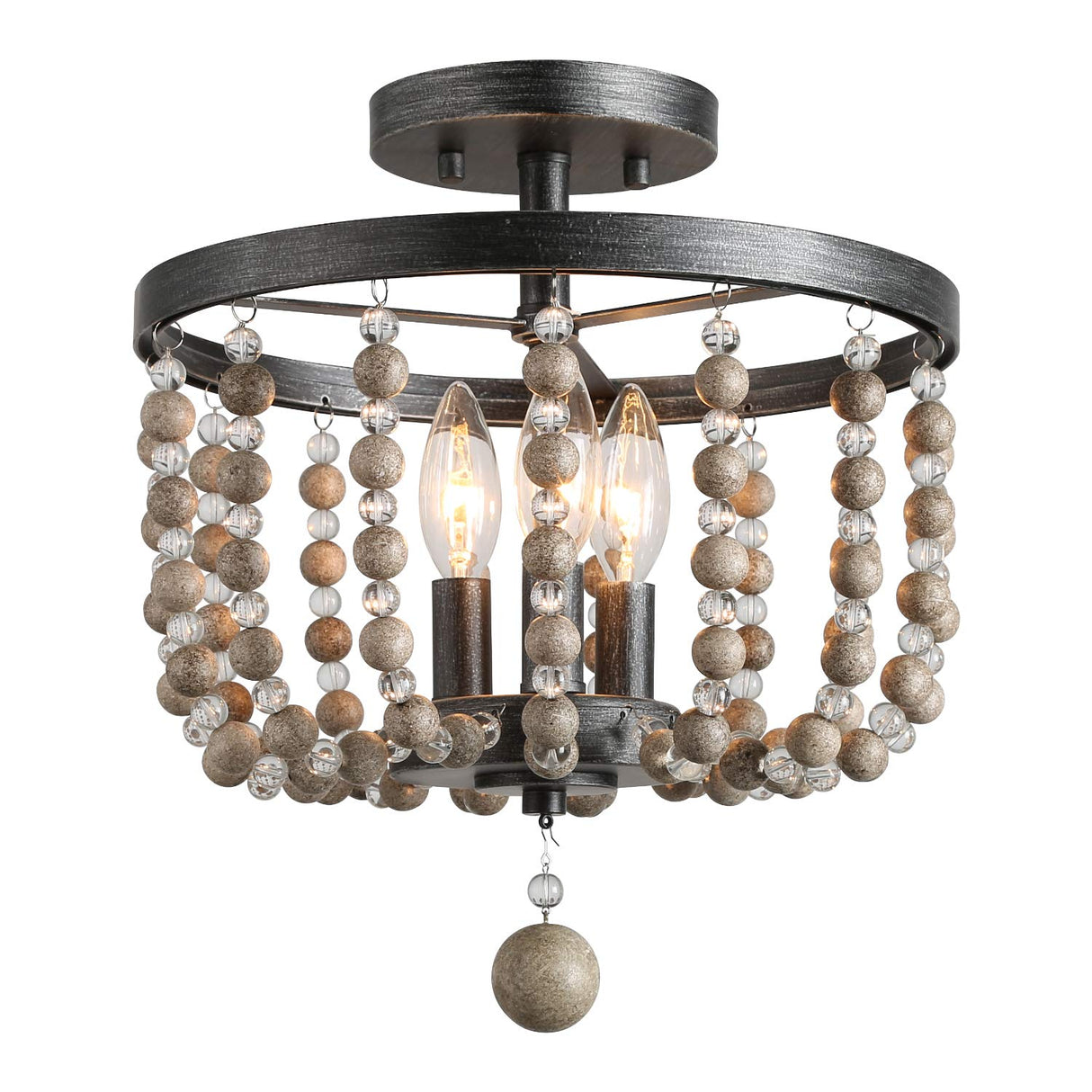 LALUZ Ceiling Light Fixture, 3-Light Bohemian Lighting for Entryway, Foyer, Distressed Wood Bead Chandelier, Dark Silver Brushed, 12 D” x 13.6” H