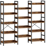 Bookshelf 5 Tiers with 4 Hooks, Triple Bookcase with Open Display Shelves