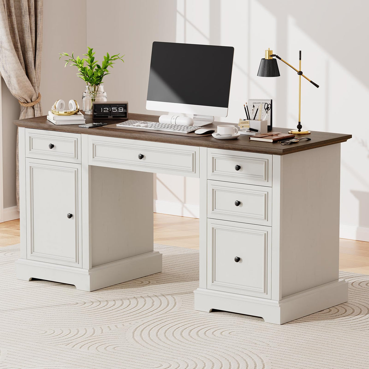 Farmhouse Executive Desk with Drawers and Cabinet, Embossed Texture Wood Home