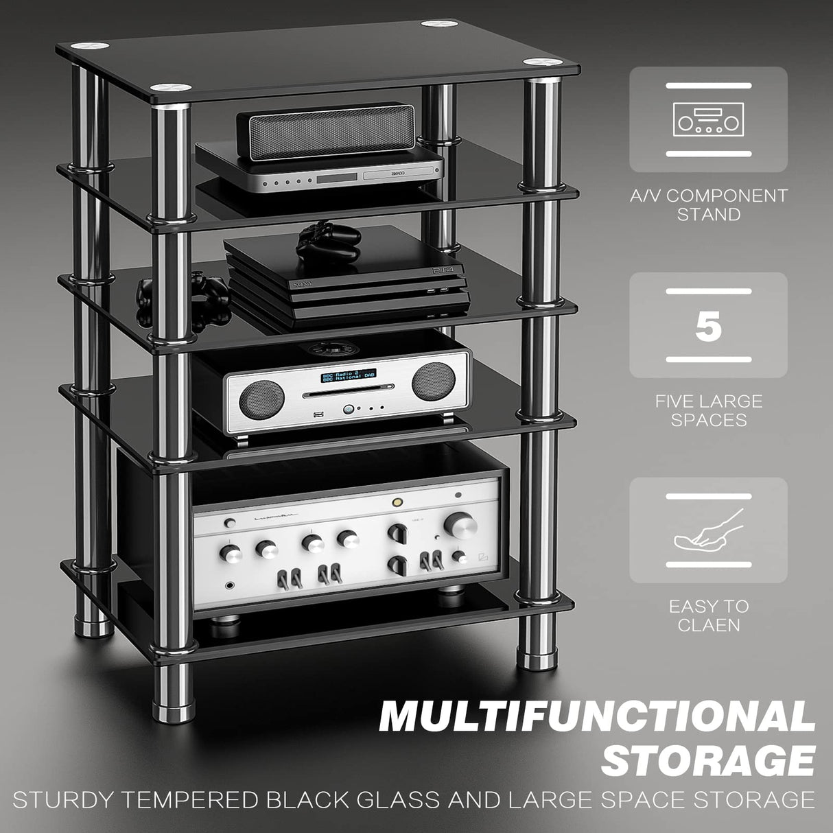 Audio-Video Media Stand with 5-Tier Tempered Glass Shelves, Modern AV Cabinet