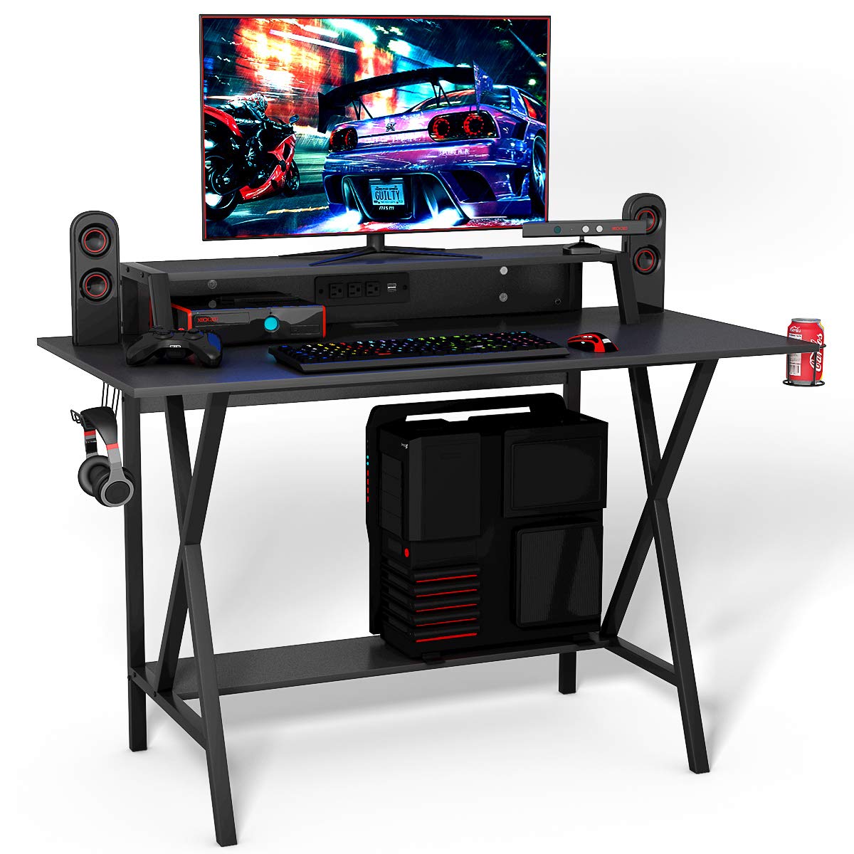 Gaming Computer Desk with Monitor Shelf, Gaming Table Workstation with Cup Holder Headphone Holder