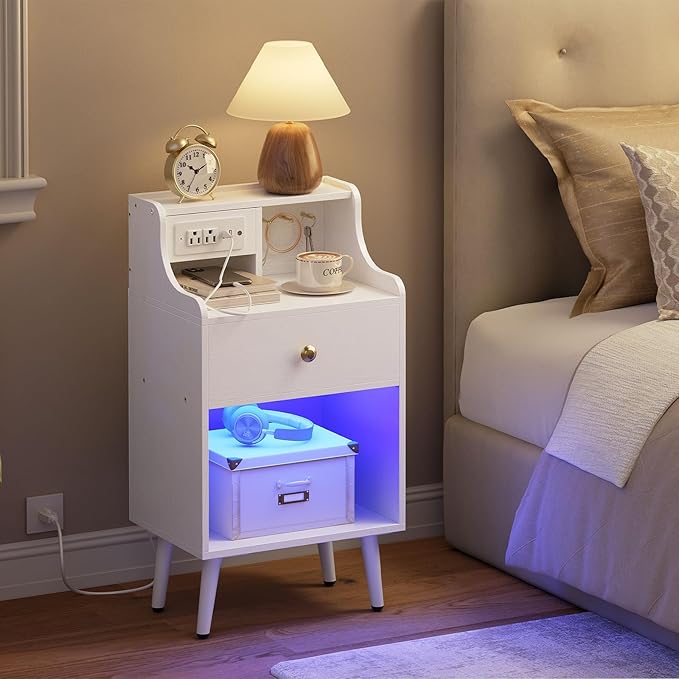 Nightstand with Charging Station and LED Light, Bedside Table with Fabric Drawer
