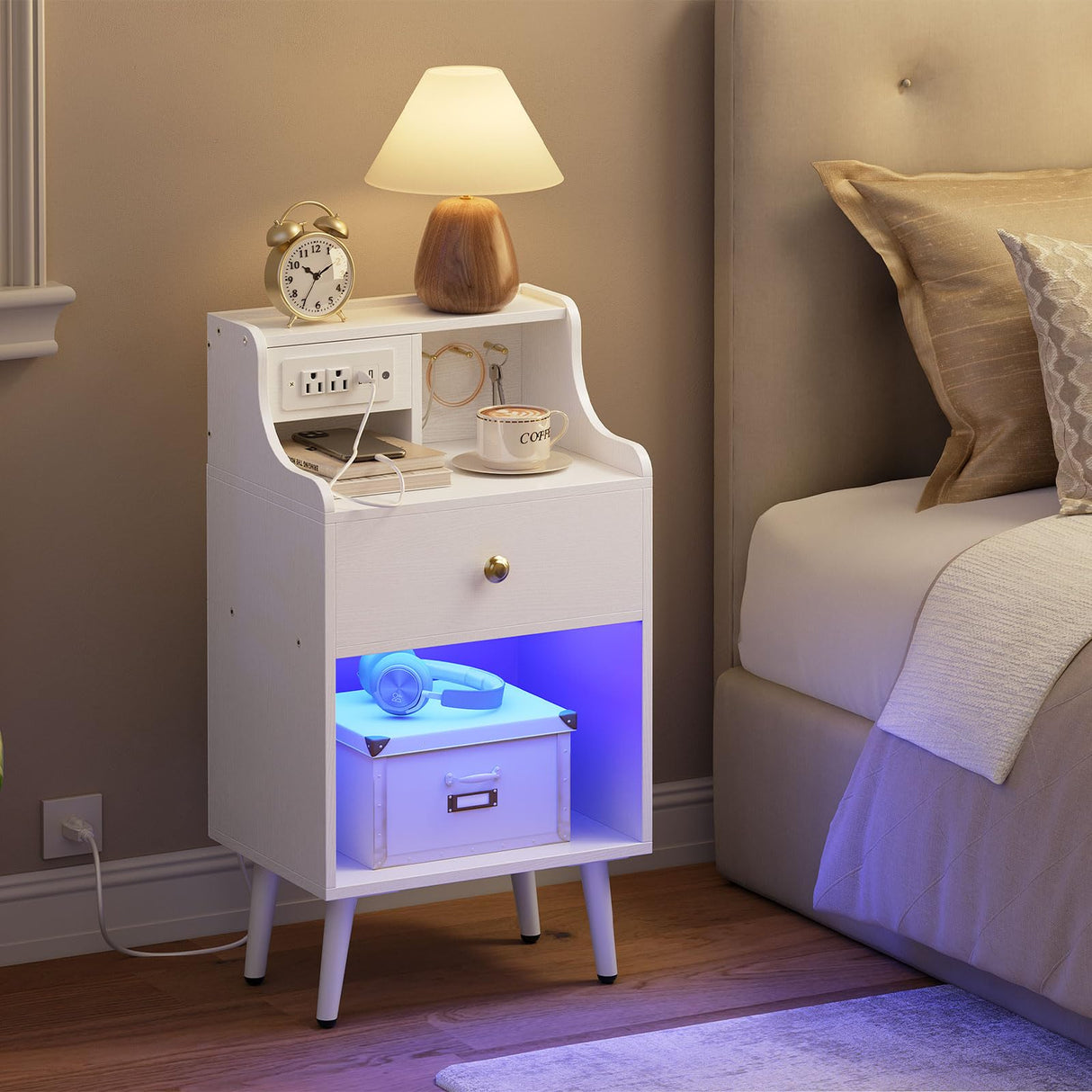 Nightstand with Charging Station and LED Light, Bedside Table with Fabric Drawer